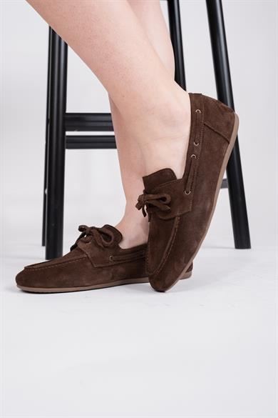 Hakiki deri Bağcıklı kahve kadın loafer