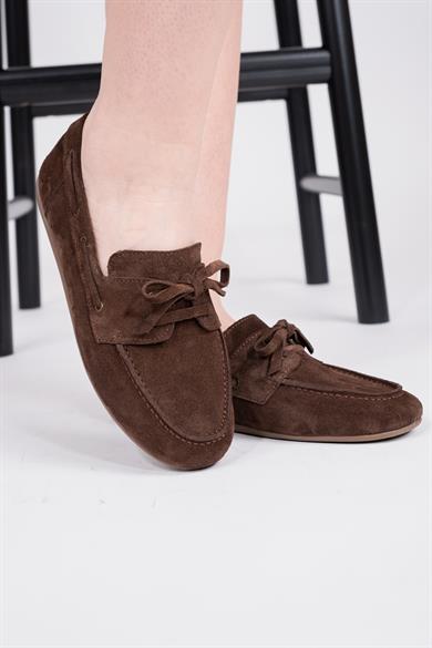 Hakiki deri Bağcıklı kahve kadın loafer