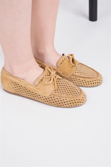 Hakiki deri Bağcıklı sarı süet kadın loafer