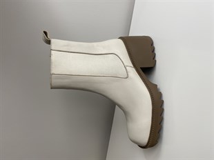 Hakiki Deri Lastikli Kalın Topuklu Krem Kadın Bot