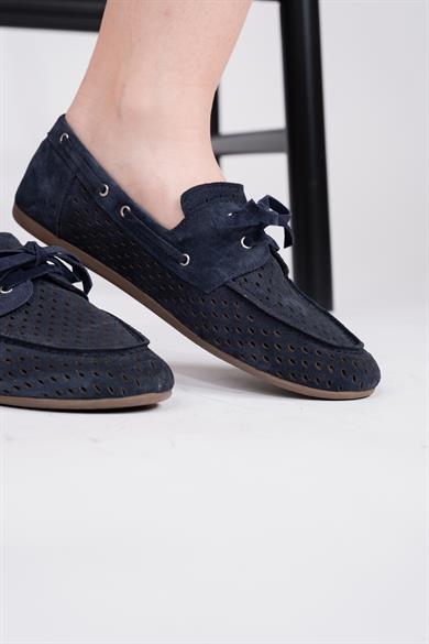 Hakiki Deri Lazer kesim Süet Lacivert Bağcıklı kadın Loafer