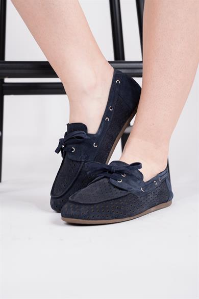 Hakiki Deri Lazer kesim Süet Lacivert Bağcıklı kadın Loafer
