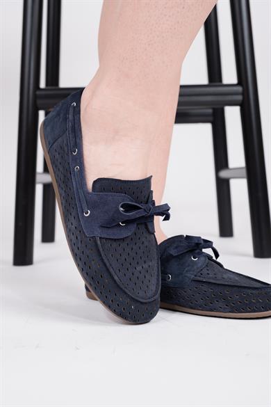Hakiki Deri Lazer kesim Süet Lacivert Bağcıklı kadın Loafer