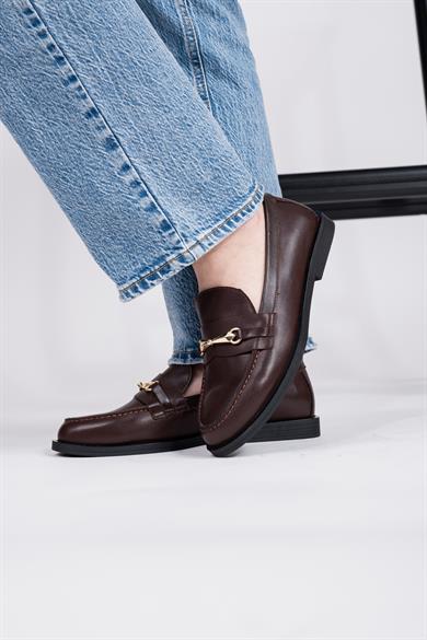 Hakiki Deri Metal Tokalı Kahve Kadın Loafer