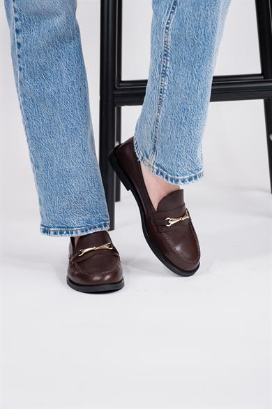 Hakiki Deri Metal Tokalı Kahve Kadın Loafer
