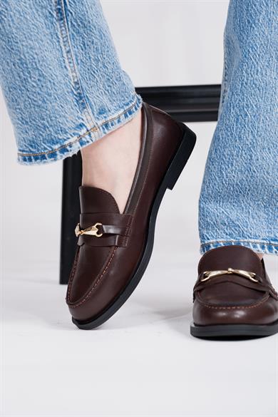 Hakiki Deri Metal Tokalı Kahve Kadın Loafer