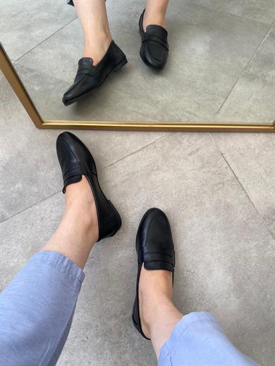 Hakiki Deri Siyah Kadın Loafer Ayakkabı