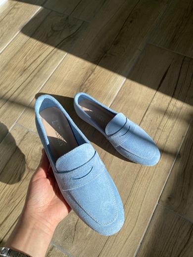 Hakiki süet deri bebek mavisi kadın loafer