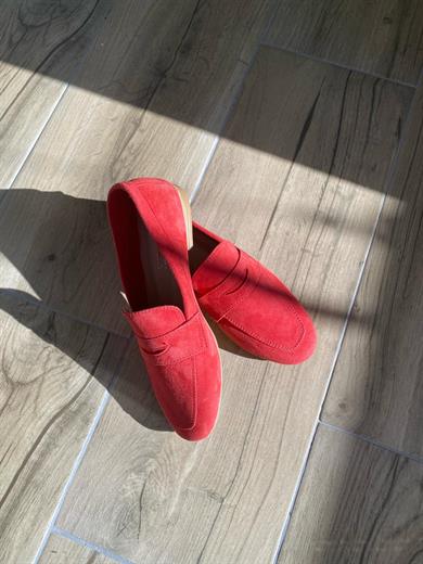 Hakiki süet deri kırmızı günlük kadın loafer