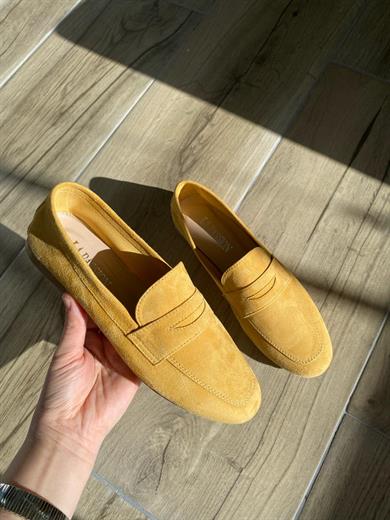 Hakiki süet deri sarı günlük kadın loafer