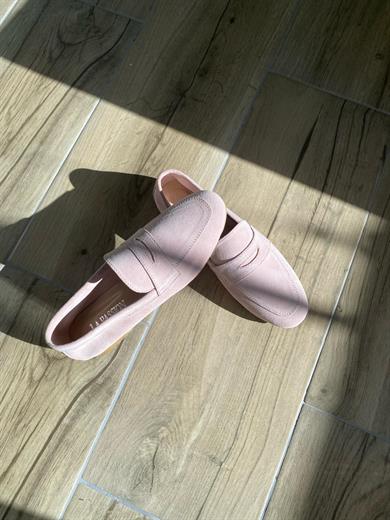 Hakiki süet deri toz pembe günlük kadın loafer