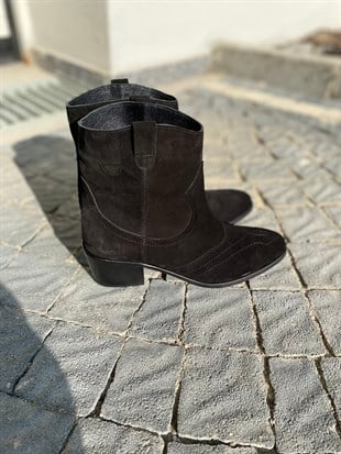 Hakiki Süet Western Topuklu Siyah Kadın Bot