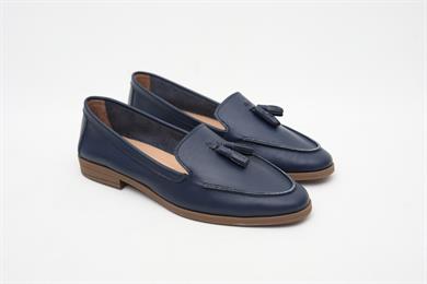 Püsküllü Hakiki Deri Lacivert Kadın Loafer