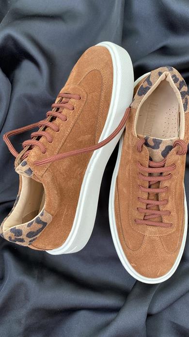 Süet Deri Leopar Detaylı Taba Kadın Sneaker