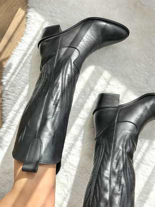 Nakışlı Siyah Kadın Western Çizme