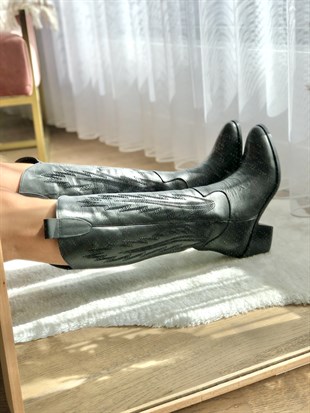 Nakışlı Siyah Kadın Western Çizme
