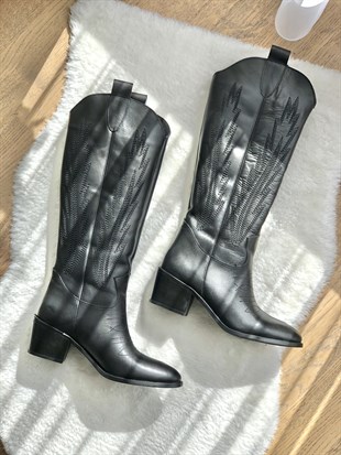 Nakışlı Siyah Kadın Western Çizme