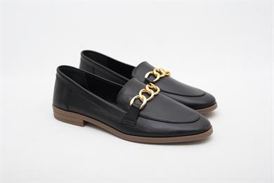 Zincirli Hakiki Deri Siyah Kadın Loafer