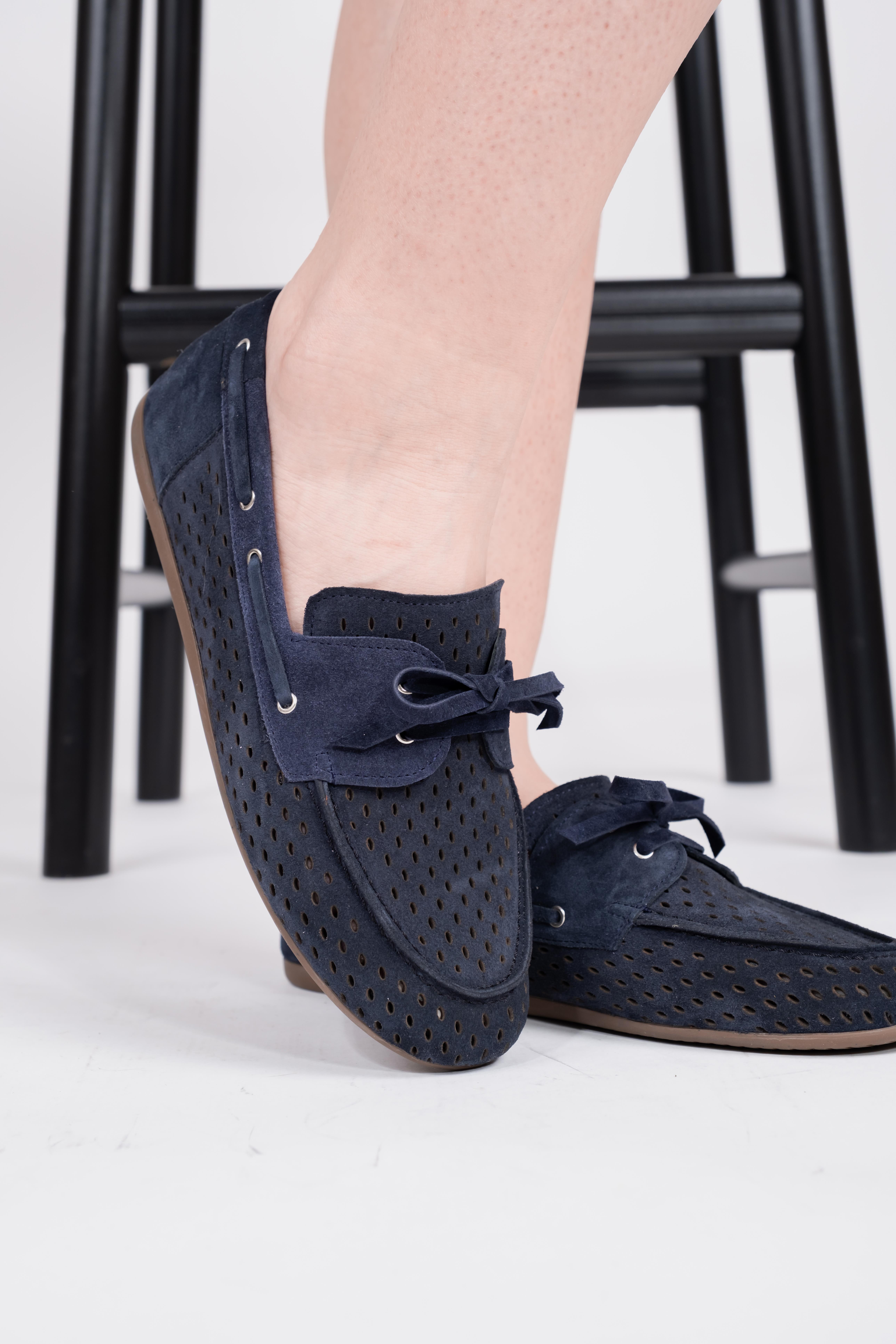 Hakiki Deri Lazer kesim Süet Lacivert Bağcıklı kadın Loafer