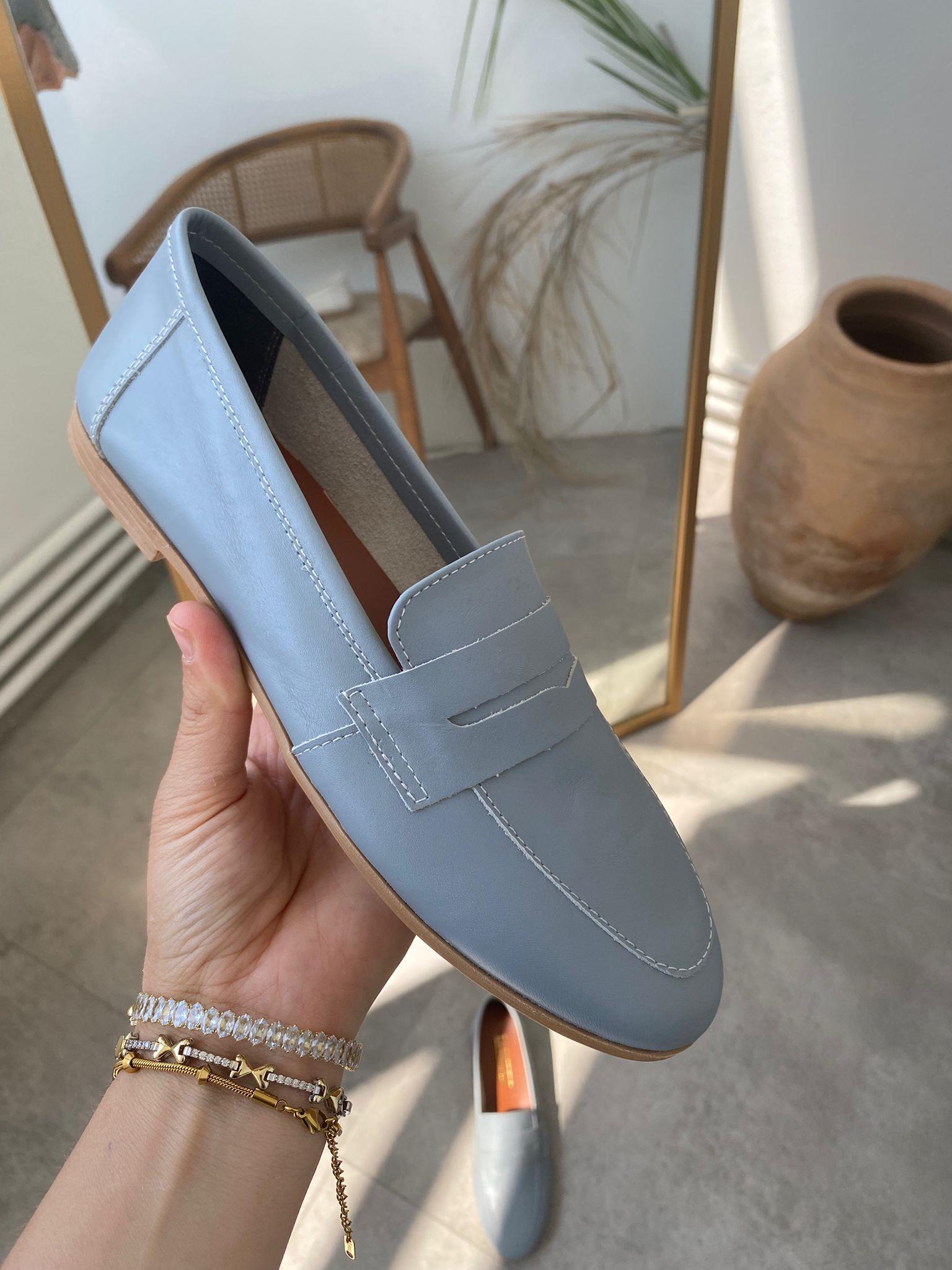 Hakiki Deri Mavi kadın loafer ayakkabı