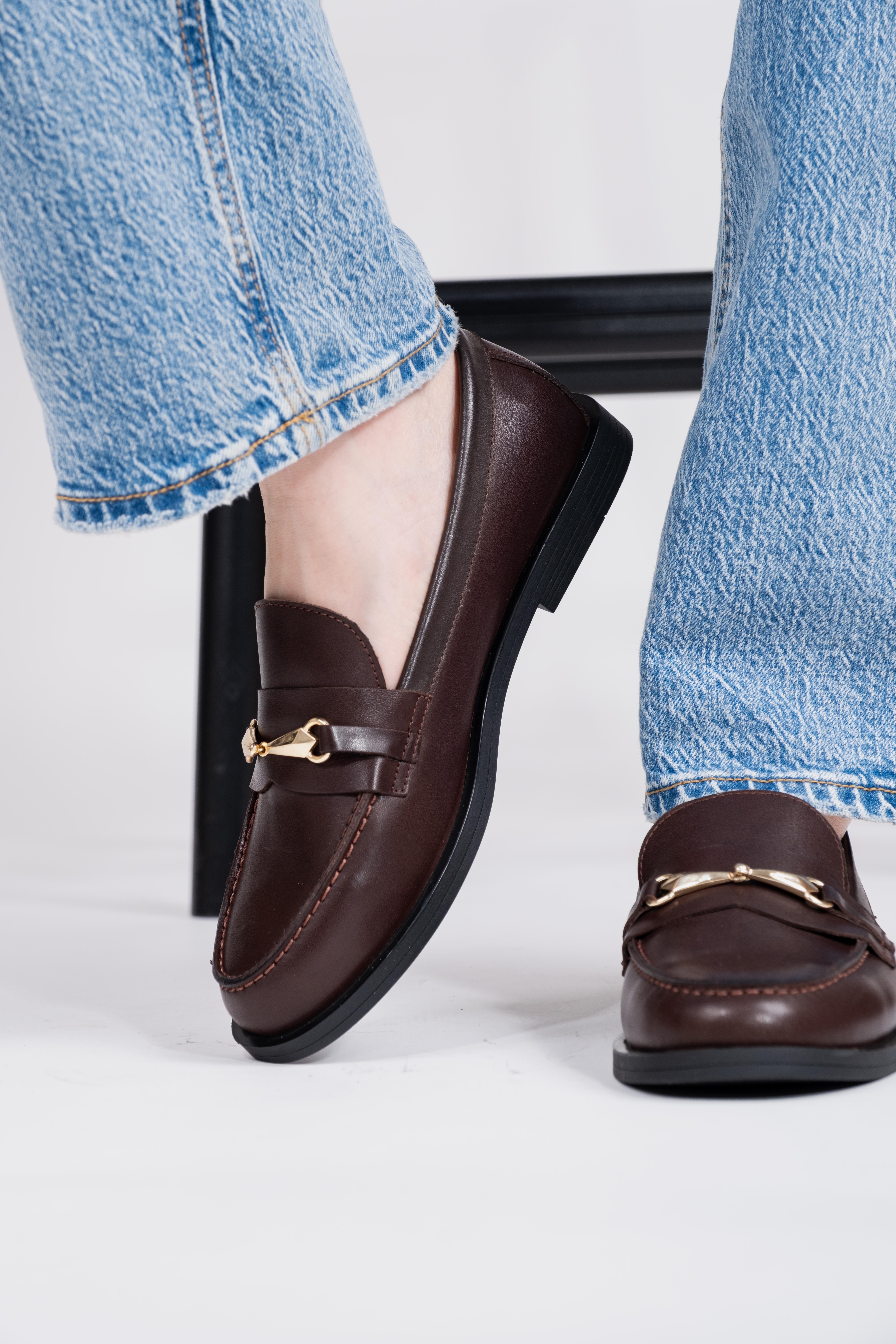 Hakiki Deri Metal Tokalı Kahve Kadın Loafer