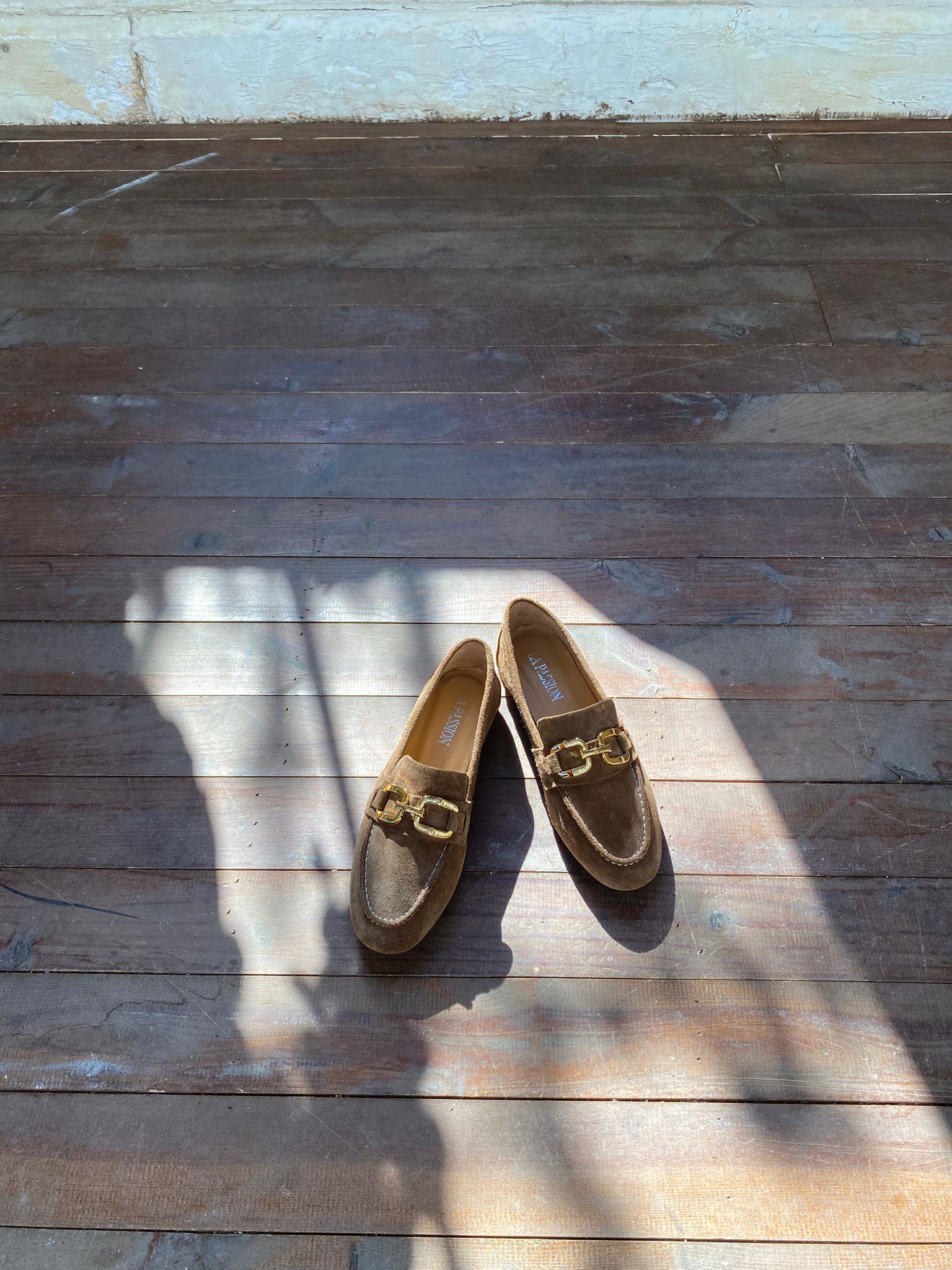 tokalı hakiki süet deri taba kadın loafer 