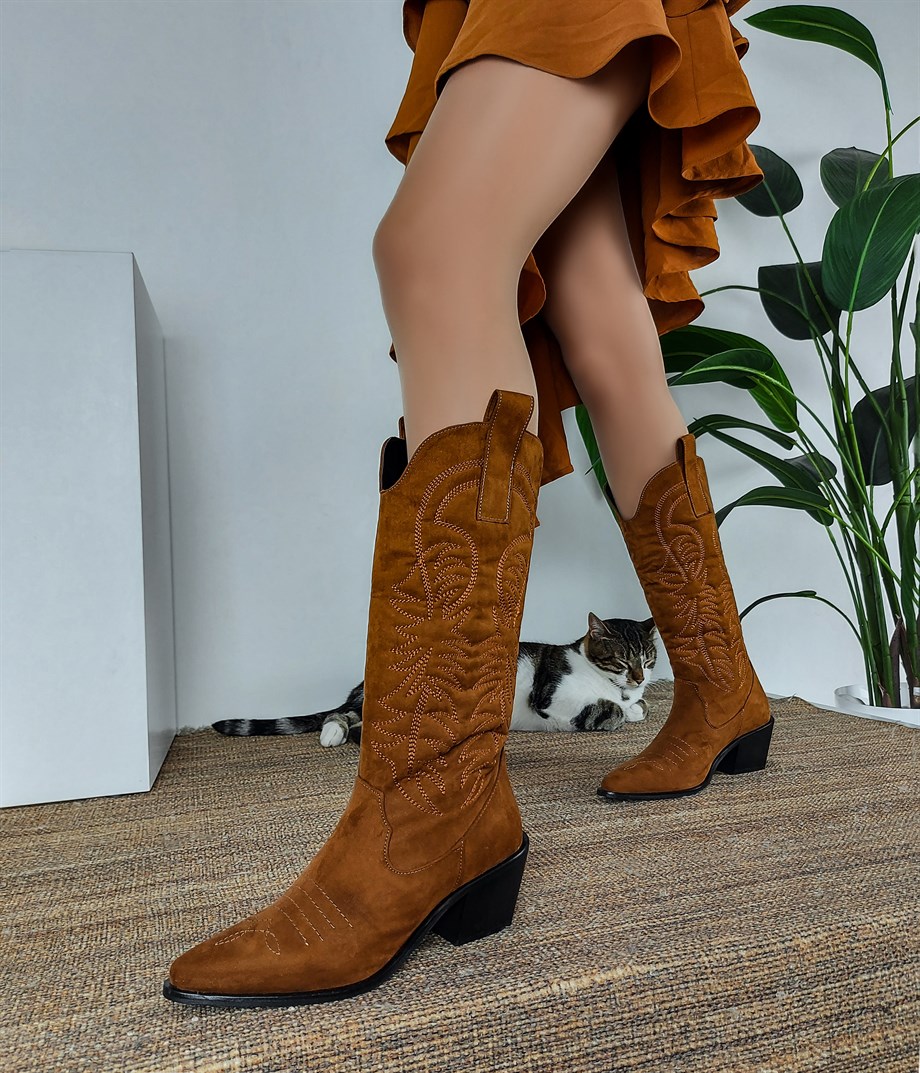 BEST Taba Süet İşlemeli Dallas Çizme 