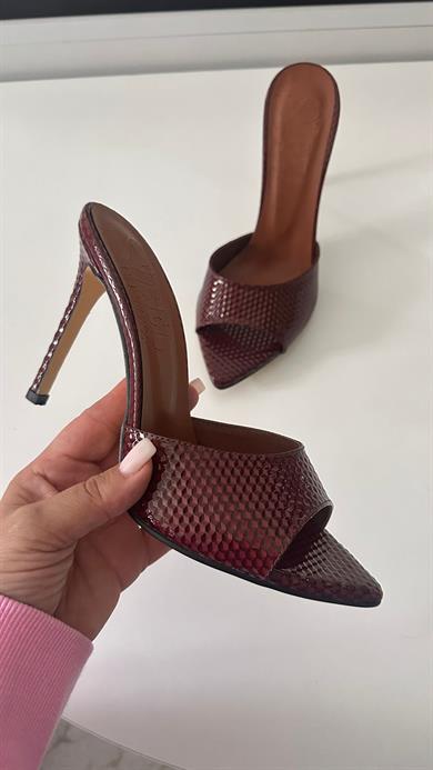 Olympos Bordo Desenli Deri İnce Topuk Terlik 