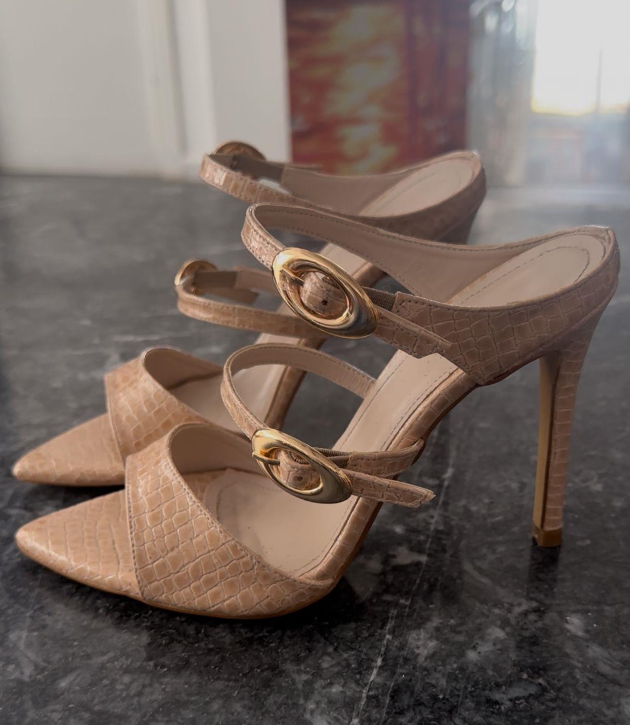  Navas Nude Desenli Deri İnce Topuk Terlik 