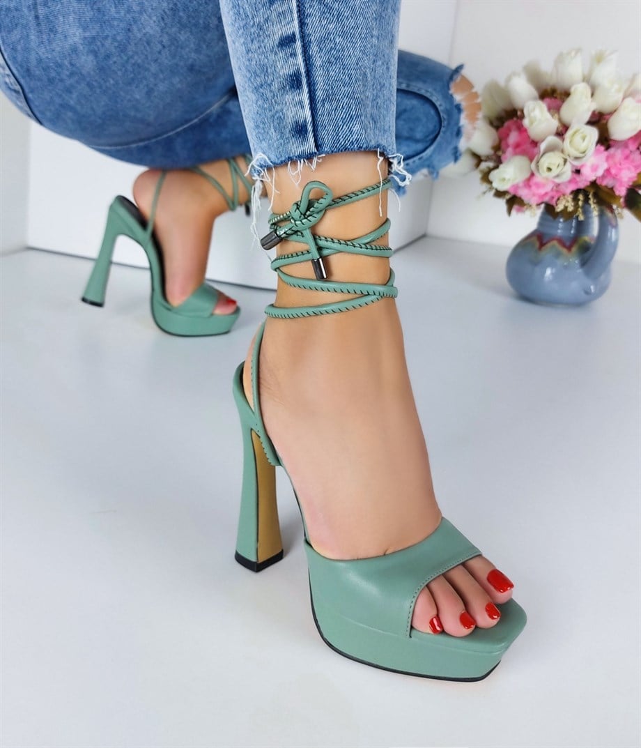 AFRO Mint Green Matte Leather Platform Heel Sandals 