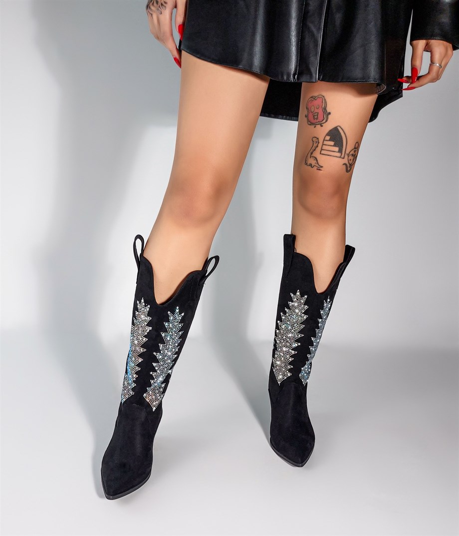 Agata Black Suede Leather Chic Cowboy Boots 