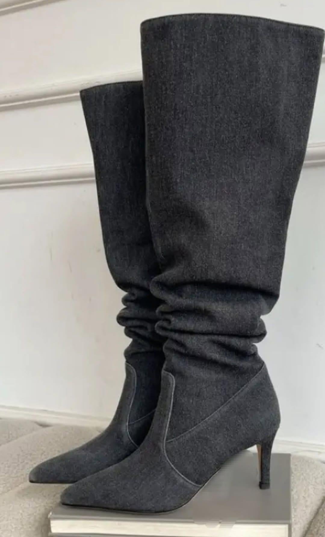 Amsterdam Siyah Denim Sivri Burun Çizme 
