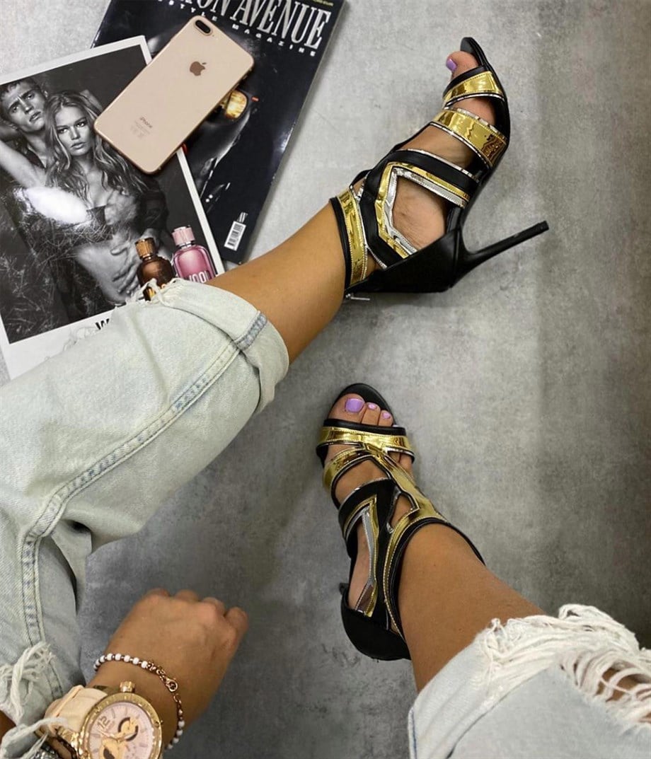 Artemis Black and Gold Strappy Stiletto Block Sandals Open Toe High Heel 