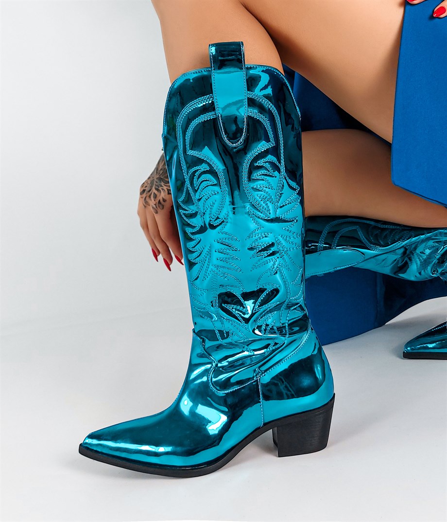 BEST Metallic Turquoise Patent Leather Chic Cowboy Boots 