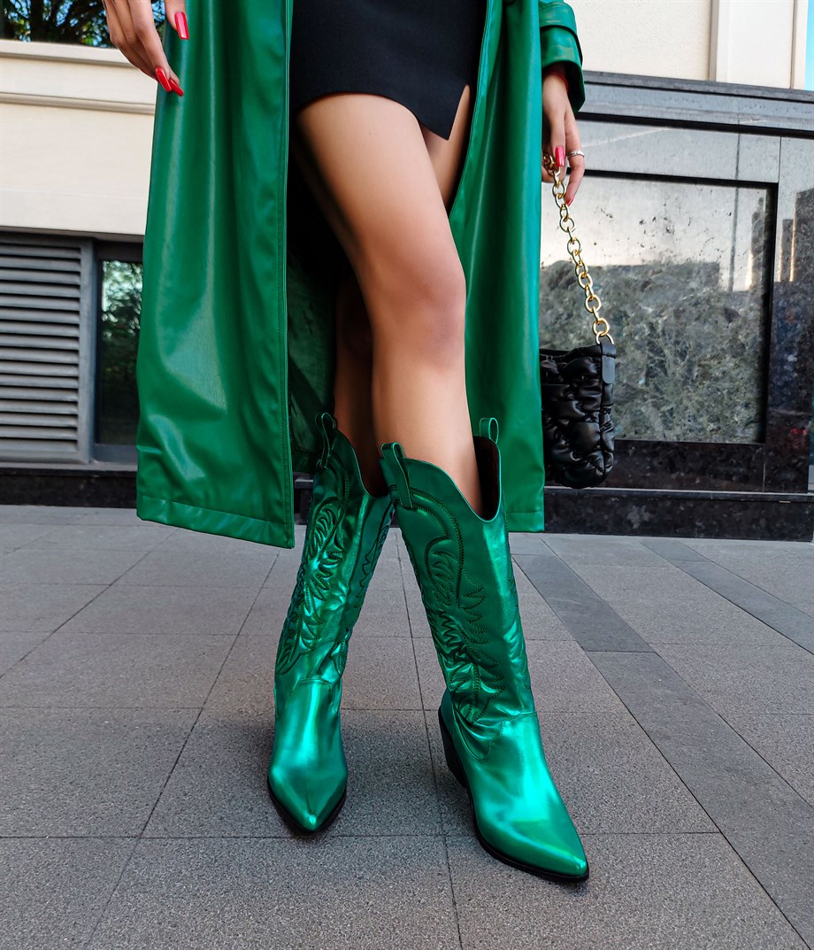 BEST Green Metallic Leather Chic Cowboy Boots 