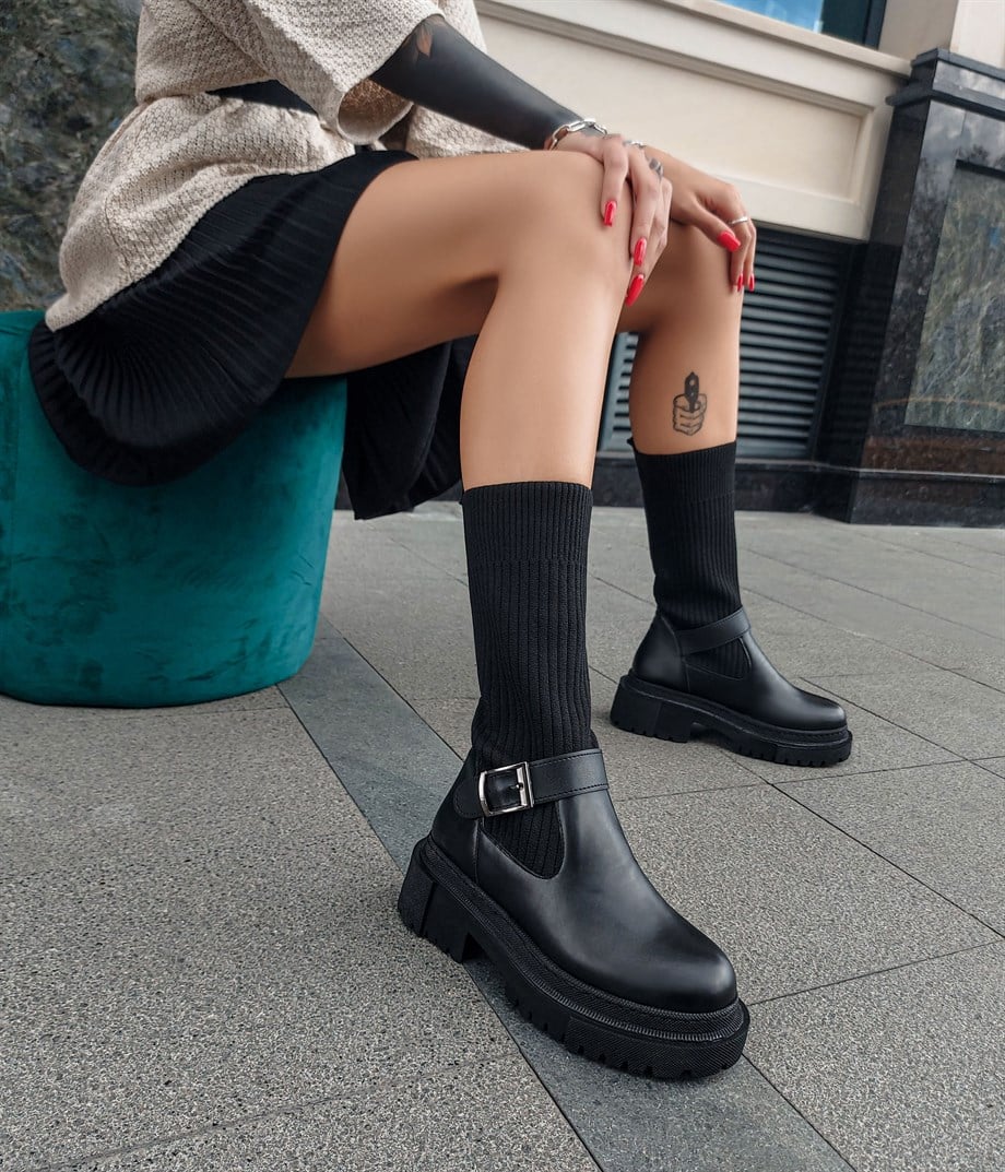 Cooper Black Matte Leather Knitted Boots