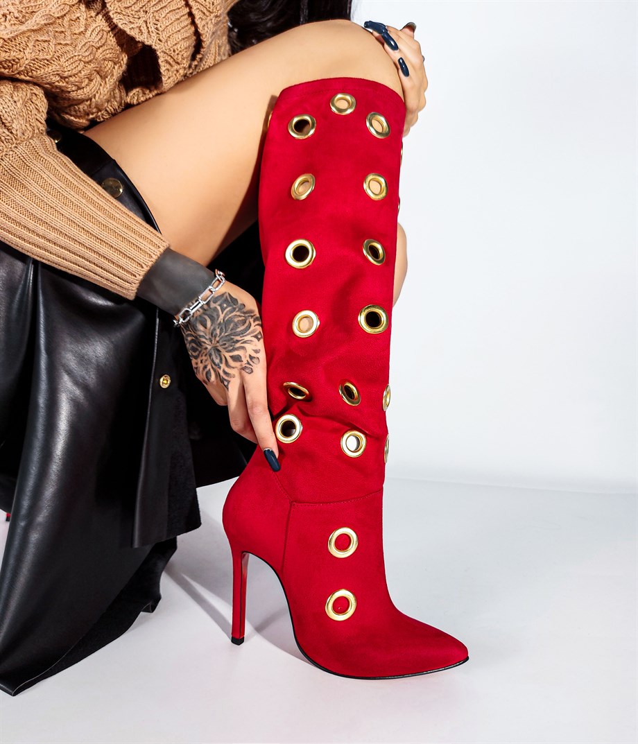 DRAGON Red Suede Leather High Heel Boots