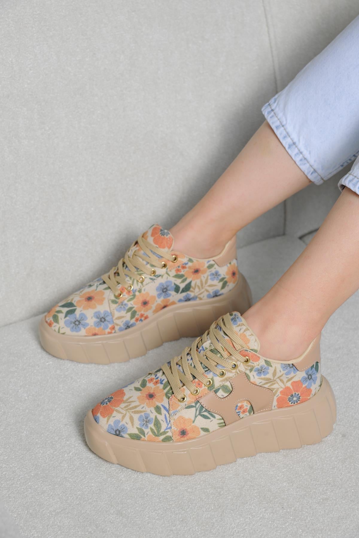 Flower Bej Çiçek Desenli Sneakers 