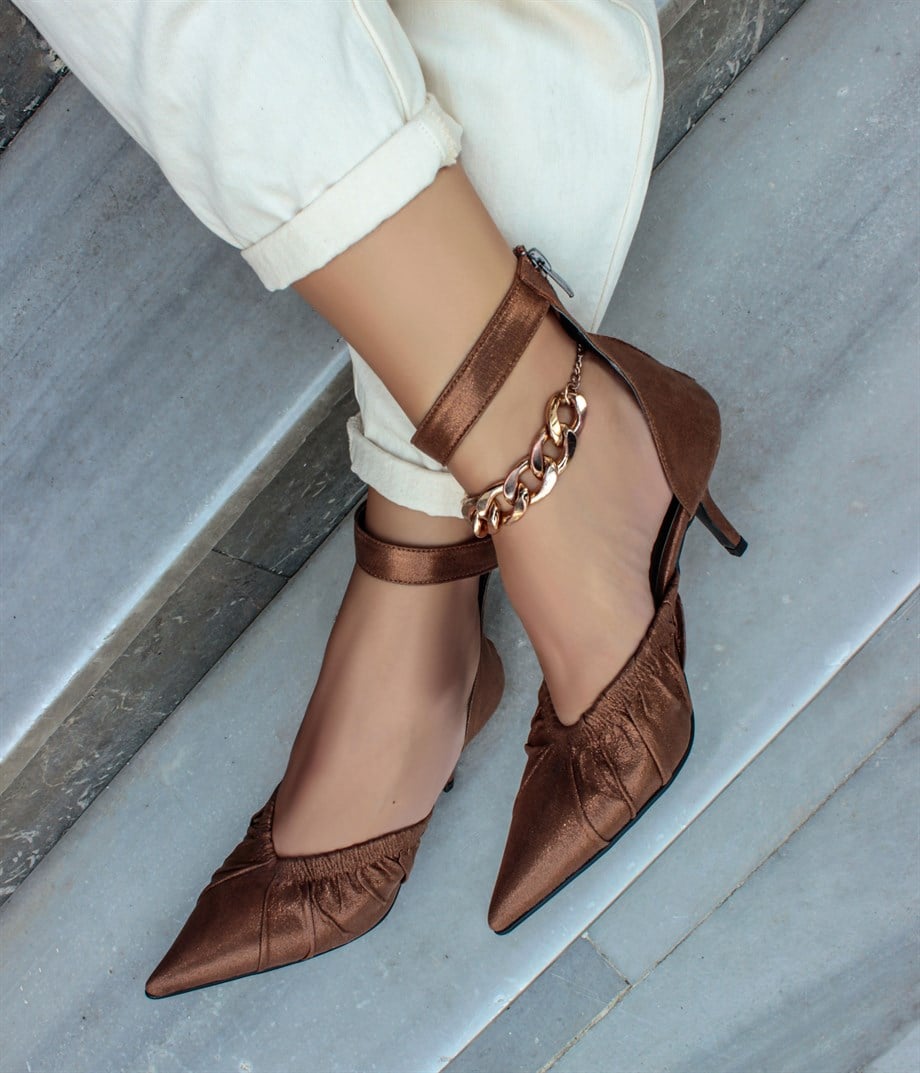 Lapris Pointy Toe Bronze Satin Stiletto Heel Sandals 