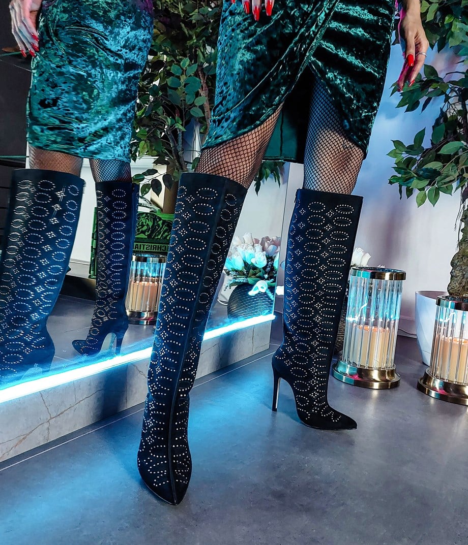 LENNİX Black Suede Leather High Heel Boots
