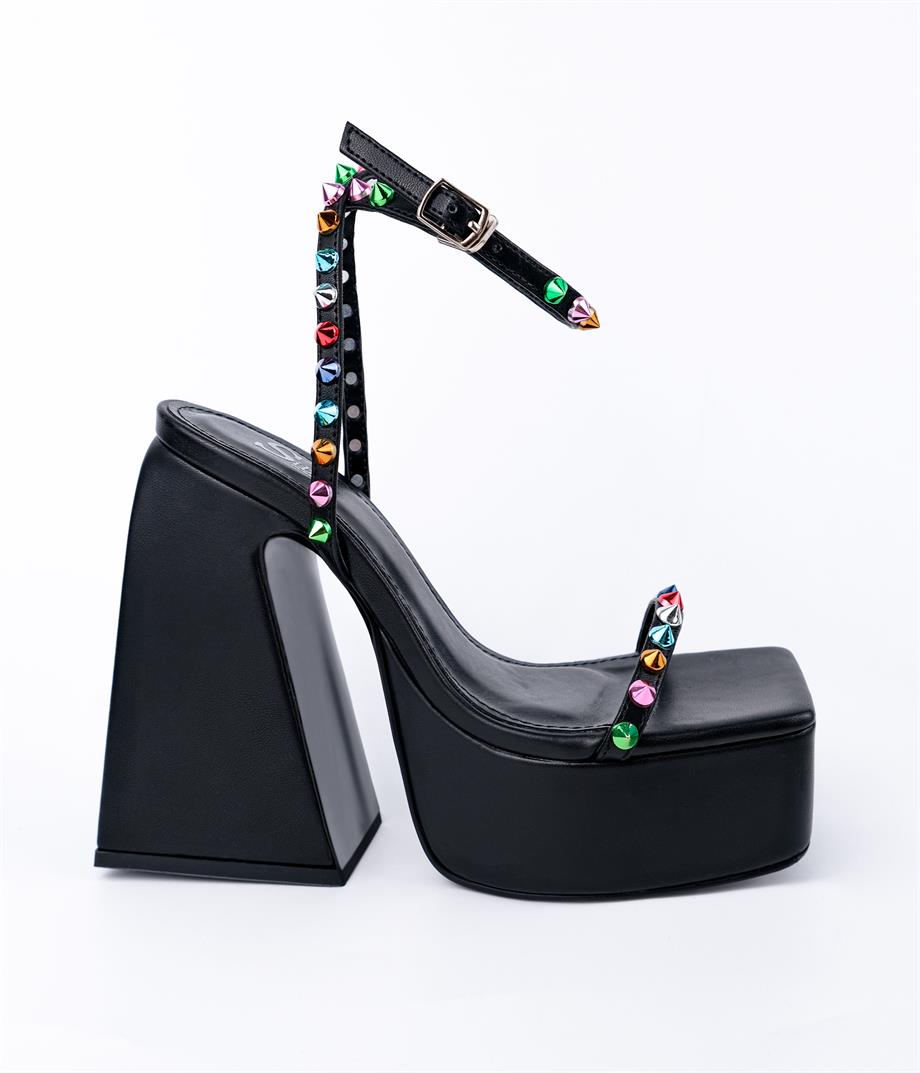 Marcela Siyah Trok Detaylı Platformlu Kalın Topuk Sandalet 