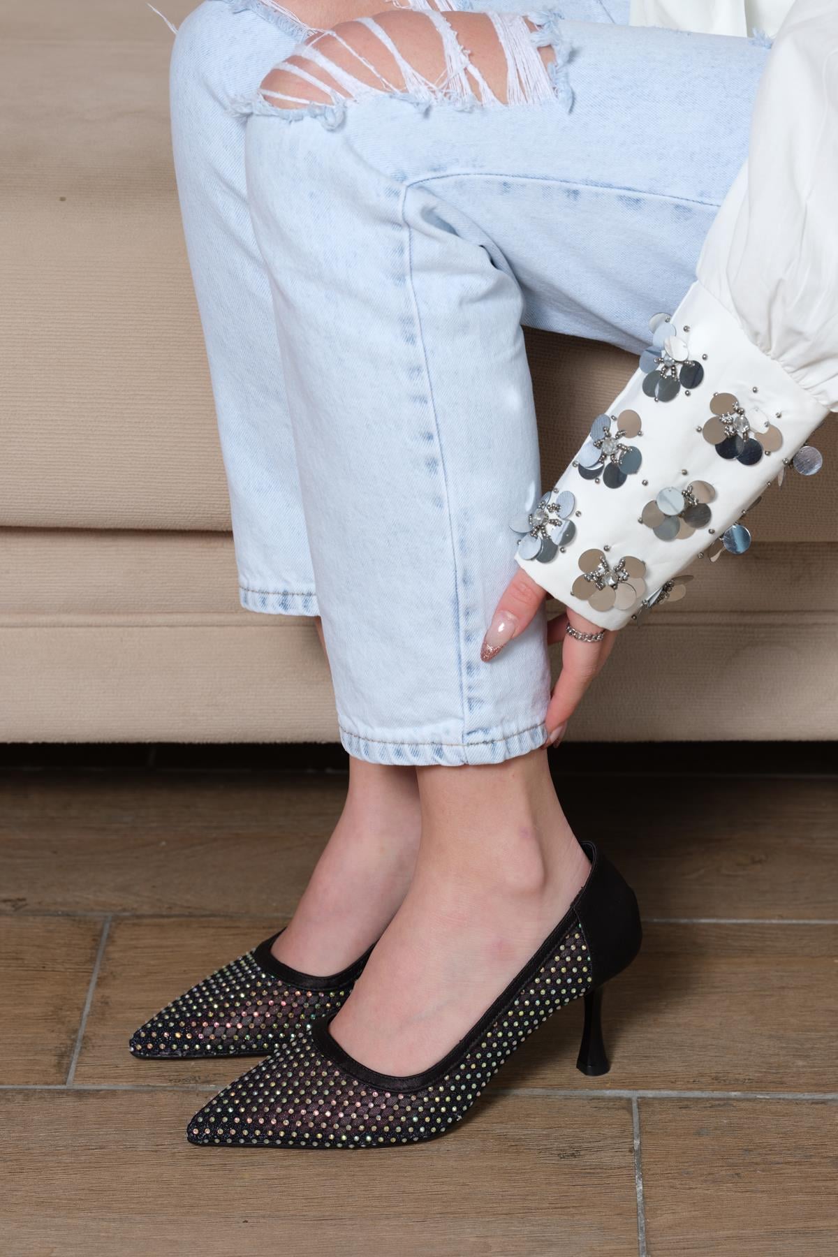 Mesh Siyah File Taş Detaylı Stiletto 