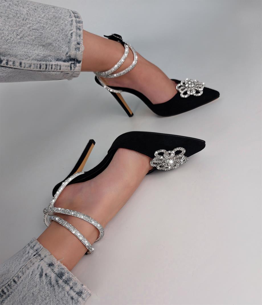 Milan Siyah Süet Kristal Taş Detaylı Stiletto Sandalet 