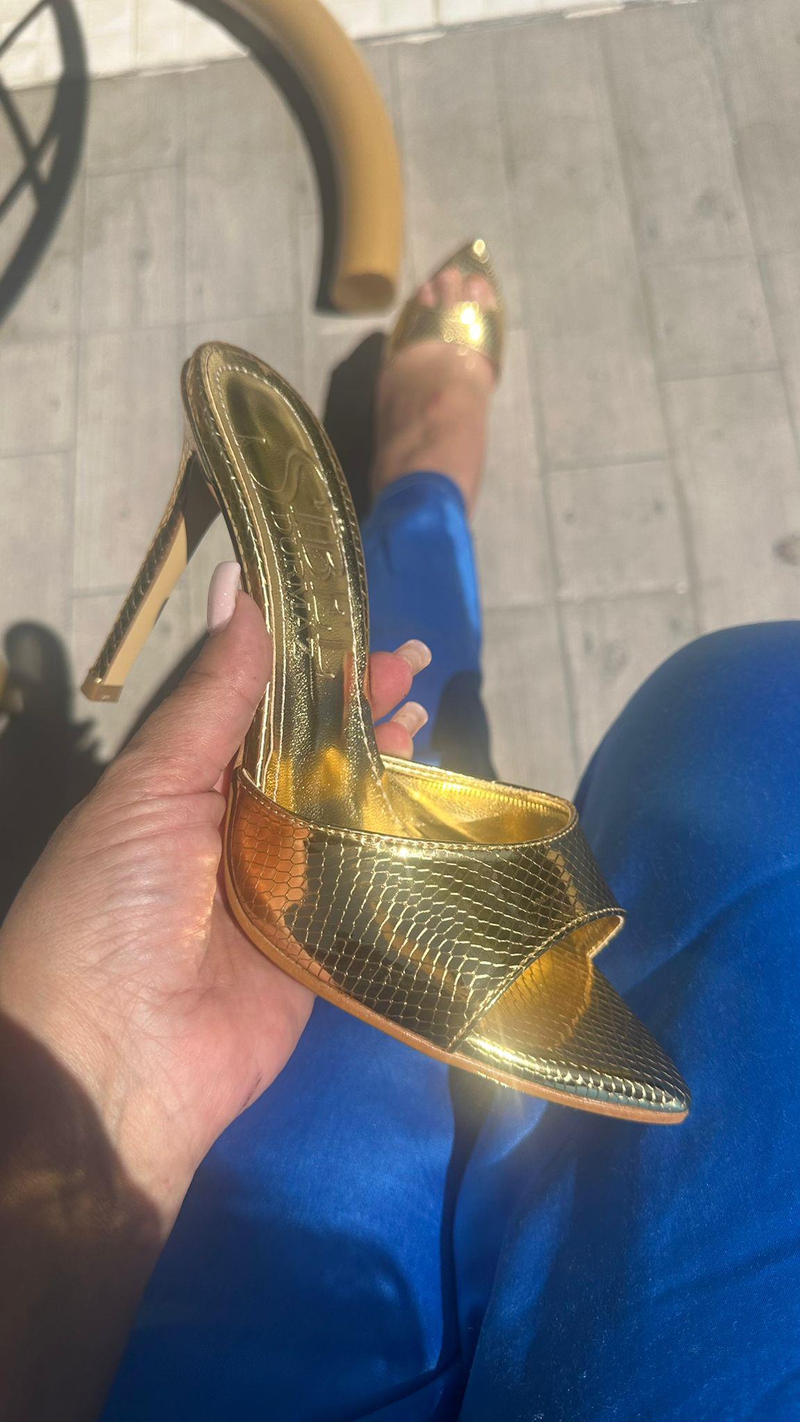 Olympos Gold Desenli Deri İnce Topuk Terlik 