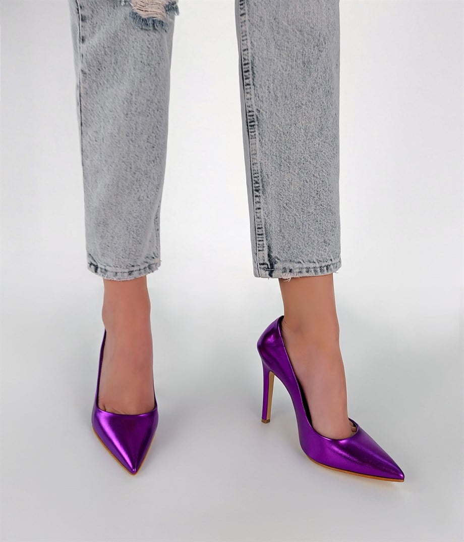 Prado Mor Metalik Deri ince Topuk Stiletto 