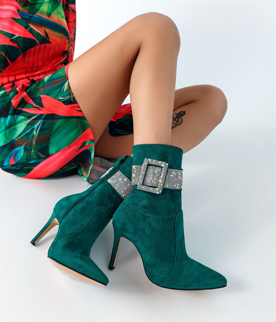 Sanna Green Suede Leather Crystal-Embellished Boots  