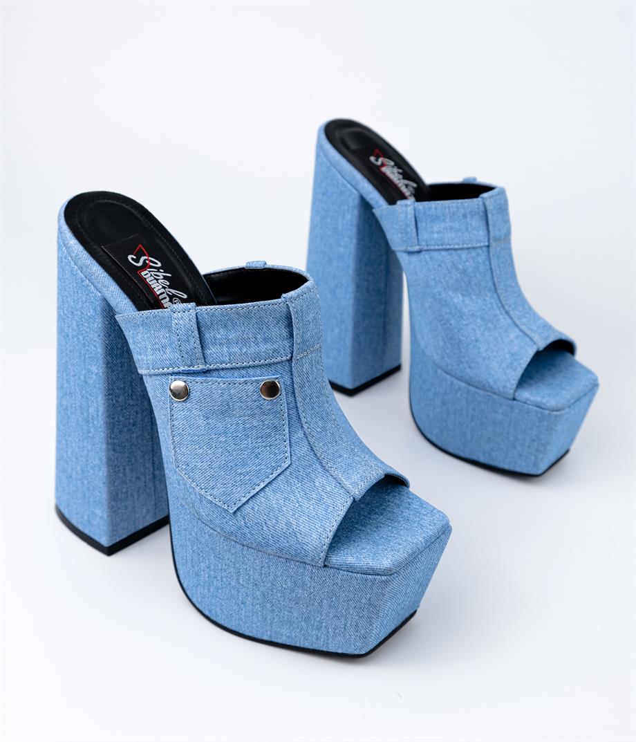 Sarah Denim Platformlu Kalın Topuk Terlik
