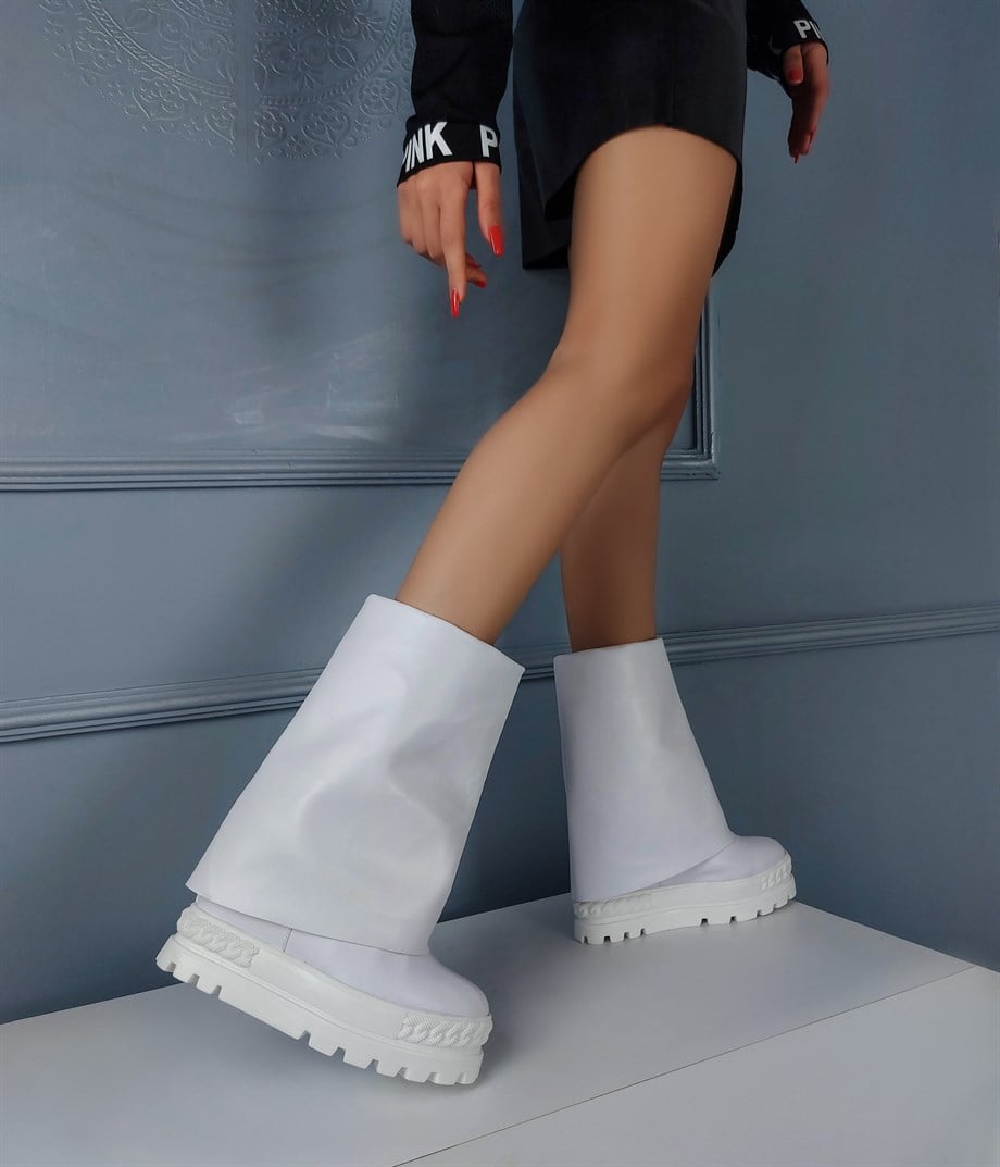 SİENA White Leather Hidden Wedge Heel Boots