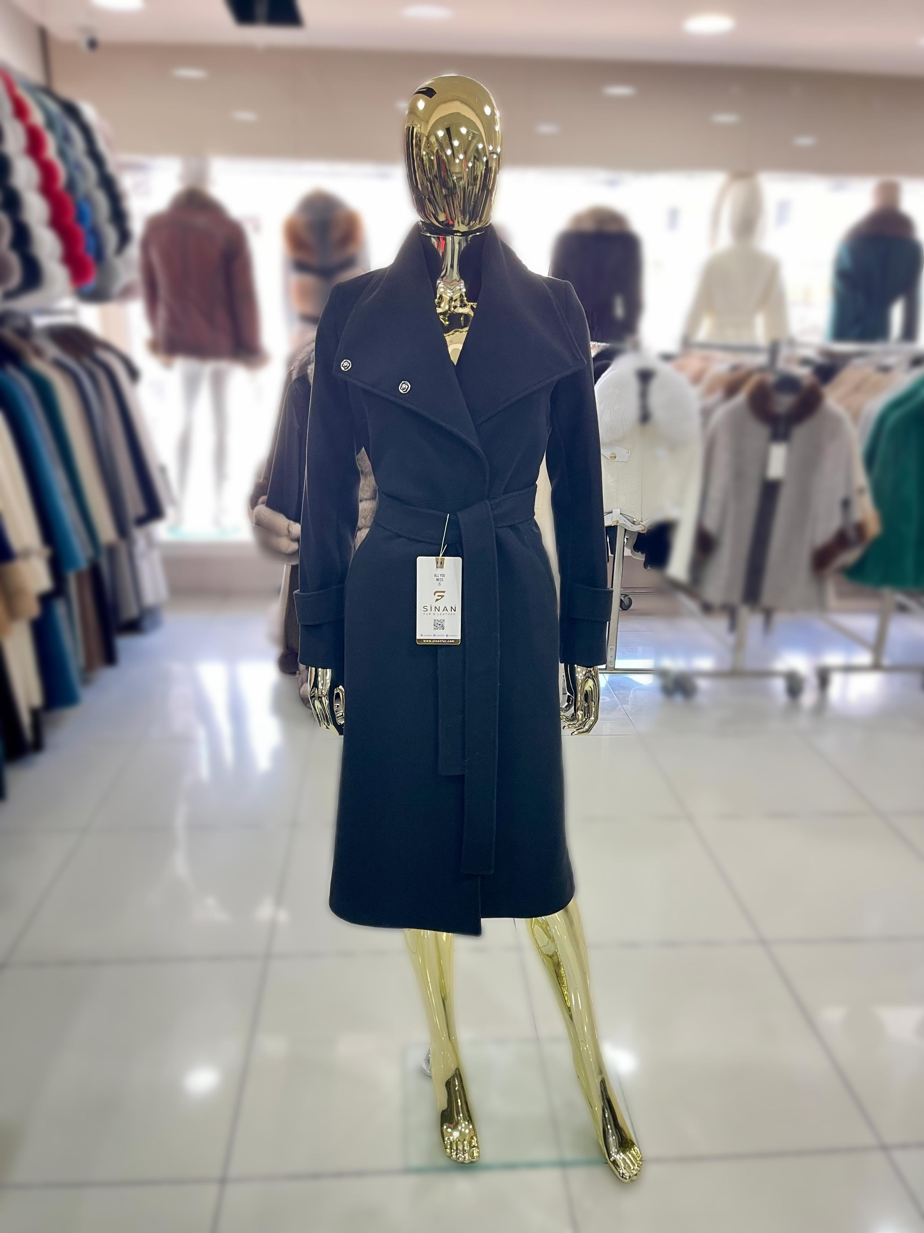 Siyah Kuşaklı Yeni Sezon Premium Kalite Rahat Kalıp Kadın Kaşe Kaban Mont
