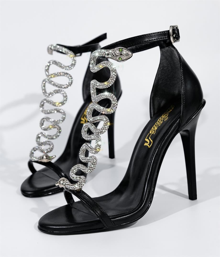 Snake Siyah Taş Detaylı Sandalet